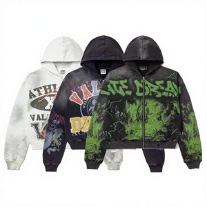 Sudadera con capucha unisex vintage con cremallera, lavado ácido, algodón y poliéster ecológicos, logo personalizado, letras con efecto goteo, estilo urbano, invierno, corte regular - Product Image 1