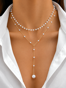 Collier ajustable en Y avec pendentif perle, ras-de-cou superposé perlé, plaqué or pour femme, idéal pour les fêtes, mariages et usage quotidien - Product Image 1