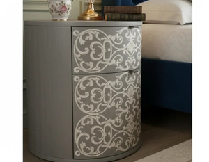 Table de chevet ronde grise avec incrustations en os, 2 tiroirs, table de chevet ronde grise moderne avec motif de volutes blanches, 2 tiroirs - Product Image 1