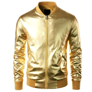 Blouson Bomber Vintage Doré pour Homme, Imperméable, en PU, Fermeture Boutonnée, Style Décontracté, Col Montant, Manches Classiques, Couleur Unie - Product Image 2