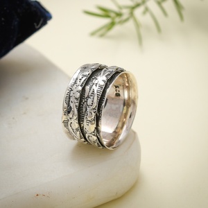 925 Sterling <b>Silver</b> Wide Spinner <b>Ring</b> Texture Band Handmade Rotating Floral Statement <b>Ring</b> for <b>Men</b> & Women - Product Image 6