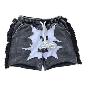 กางเกงขาสั้นเบอร์มิวดาผ้าฝ้ายสำหรับผู้ชาย ดีไซน์พิเศษ ปักลายแบบดิสเทรส ผ้าฝ้ายฟลีซฟอกสี แต่งชายรุ่ยด้านข้าง - Product Image 1