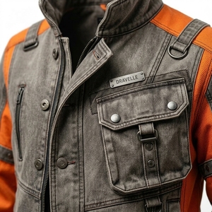 Veste cargo cyberpunk en toile délavée ambre ardoise orange, col cheminée industriel, avec anneaux en D et sangles, pour homme, personnalisable ODM OEM - Product Image 6