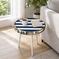 Table d'appoint ronde à trois pieds avec plateau en verre et rayures blanches marine pour salon ou balcon