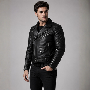 Chaqueta de Cuero de Cordero Negra para Hombre, Estilo Motero, Cierre Asimétrico, Acolchada, Cuero de Cordero Genuino, Estilo Moto, Personalizada, Venta al Por Mayor - Product Image 1