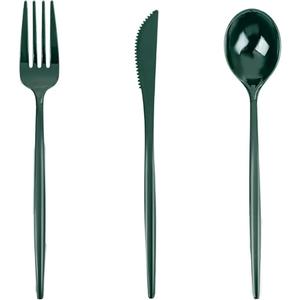 Ensemble de couverts élégants personnalisés vert, 3 pièces (cuillère, fourchette, couteau), réutilisables, qualité alimentaire supérieure, pour fêtes et événements - Product Image 1