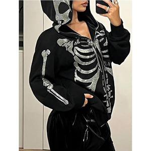 Y2k <b>Gothic</b> Graphic Hoodie <b>Jacket</b> Zip Up Sparkly Rhinestone Long Sleeve Hooded Sweatshirt Streetwear - Product Image 2