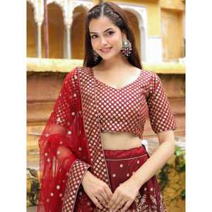 ชุดสตรี Lehenga Choli ผ้าไหมดิบปักเลื่อมสีน้ำตาลเข้มที่สวยงามสำหรับเจ้าสาว - Product Image 4