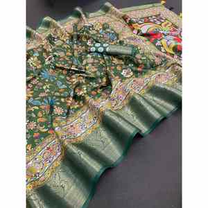 CRÉATEUR DOLA SOIE JACQUARD TRAVAIL DE TISSAGE SAREE AVEC BLOUSE INCOUSÉE VERT - Product Image 1