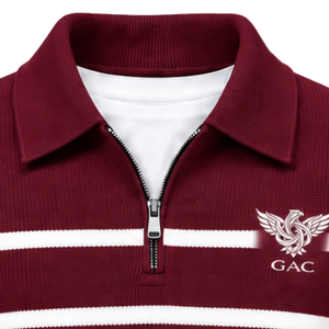 Mens Casual Burgundy Striped Quarter Zip Wool Knit <b>Pullover</b> <b>Sweater</b> with for Collar Long Sleeves and Ribbed Cuffs for Wholesale - Product Image 5