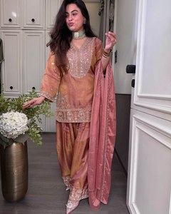 <b>Womens</b> Designer <b>Kurta</b> Palazzo Set With Dupatta Heavy Embroidery Sequence Work Party Wedding Festive Wear Pink Ready To Wear Suit - Product Image 3