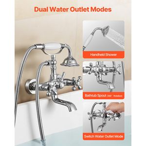 Robinet de baignoire à pattes vintage en chrome poli, avec douchette murale et finition brossée - Product Image 4