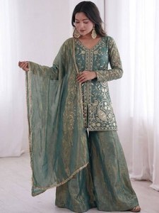 Women <b>Green</b> <b>Silk</b> top plazzo Floor Length Loose Fit Traditional Ethnic Outfit Wedding Festive Wear India Pakistan Style - Product Image 2