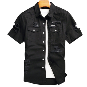 Chemise en jean noir déchiré pour homme, manches courtes, boutonnée, décontractée, été, 100 % coton sergé, lavée, coupe classique, respirante - Product Image 1