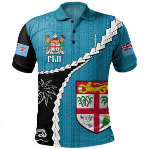 Polo à manches courtes pour homme avec emblème national des Fidji, décontracté, respirant, 100% polyester, motif tissé, coupe classique - Product Image 1