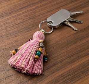 Bohemian Pink Fabric Tassel Keychain With Beads For Entryway Decor - Product Image 1