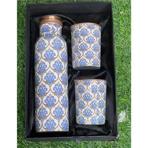 Luxury Floral Print Copper Water <b>Bottle</b> Set with 2 Matching Tumblers, Handmade Copper Drinkware for Home & Hospitality Gift - Product Image 4