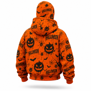 Custom Halloween All Over Print Full Zip Mask Hoodie Orange Oversized Streetwear Hoodie Heavyweight Fleece Zip Up Jacket for Men - Product Image 3