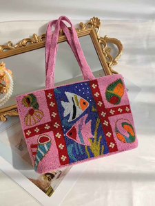 Ocean Beaded Tote Bag - Handmade <b>Pink</b> Tropical Fish and Shell <b>Purse</b>, Colorful Summer Beach Shoulder Bag - Product Image 3