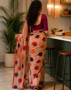 Sari en coton pur Mulmul imprimé à la main pour femme KV avec chemisier non cousu, réversible, séchage rapide, style traditionnel, automne - Product Image 6