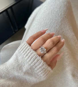 Classic Geometric Women's <b>Emerald</b> Cut Diamond <b>Ring</b> Prong Setting Rhodium Plated 925 <b>Silver</b> Engagement Band - Product Image 5