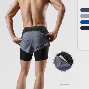 Men's Gray Quick Dry Sport Shorts With Black Inner <b>Layer</b> Elastic Waist <b>Mid</b> Rise Short Shorts Solid Color Knitted Fabric - Product Image 4