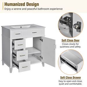 Adjustable Shelf 30-Inch <b>Bathroom</b> <b>Vanity</b> with Soft Close Door & Drawers Featuring Ceramic Sink and Three Soft Close Units - Product Image 5