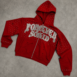 Custom Red Rhinestone <b>Zip</b> Up Hoodie Heavyweight Oversized Streetwear Distressed Applique Embroidery Men Luxury Full <b>Zip</b> <b>Hooded</b> S - Product Image 1