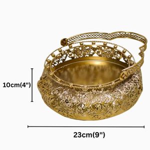 Corbeille à fruits en filigrane métallique doré avec poignée pivotante, bol rond décoratif à motifs floraux ajourés pour table à manger, décoration intérieure, Pooja - Product Image 4