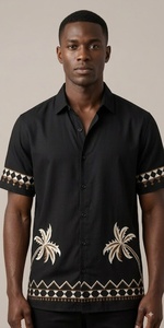 Men's Black Cotton Poplin <b>Short</b> <b>Sleeve</b> <b>Shirt</b> With Geometric Embroidery Turn-down Collar Casual Summer Wear Breathable - Product Image 4