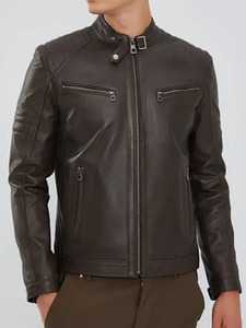 Veste en cuir marron foncé à fermeture éclair pour motard - Product Image 1