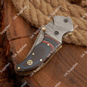 Cuchillo Plegable de Acero de Damasco de Lujo Personalizado - Mango de Micarta Exótica con Detalles de Latón, Cuchillo de Bolsillo EDC, Funda de Cuero, Venta al por Mayor - Product Image 4