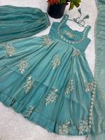 Ensemble de costume Anarkali en soie pure Teal Pure Fendy avec broderie dorée, style indien pakistanais, pour fêtes, séchage rapide, toutes saisons