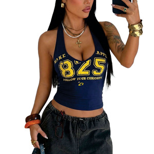Custom logo Sexy Ladies Vintage Number Print Halter Tank <b>Top</b> Women Y2K Slim Fit Backless Camisole Streetwear OEM Women's Shirts - Product Image 5