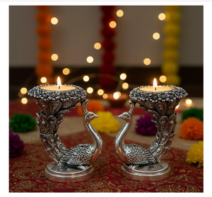 R.K.INTERNATIONAL 999 <b>Silver</b> Plated Brass Peacock Candle Holder Set | Luxury Handmade Heat Resistant Eco-Friendly Tabletop Stand - Product Image 4