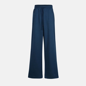 Pantalon large taille haute pour femme, tricoté, respirant, couleur unie, coupe ample, longueur totale, avec cordon de serrage, style décontracté automne - Product Image 1