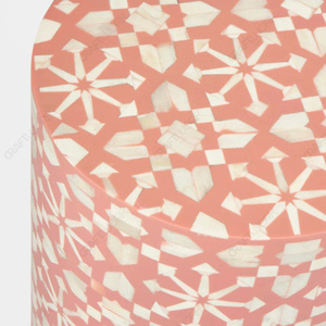 Pink <b>White</b> Geometric Inlay Round Side <b>Table</b> Handcrafted Star Mosaic Pattern Drum <b>End</b> <b>Table</b> Luxury Accent <b>Table</b> Designer <b>Table</b> - Product Image 3
