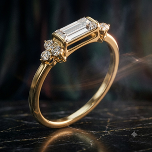 Bague solitaire de luxe en or jaune avec émeraude taille émeraude et pierres d'appoint en grappe, élégante pour fiançailles, mariage ou anniversaire, pour femme - Product Image 1