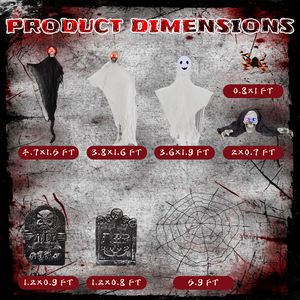 Set di Fantasmi Appesi di Halloween con Ragnatele e Lapidi, Occhi Illuminati e Decorazioni Oscillanti - Product Image 6