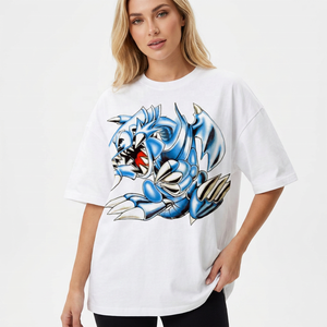 T-shirt blanc surdimensionné pour homme avec imprimé dragon bleu, manches courtes, col rond, coupe décontractée en jersey - Product Image 2