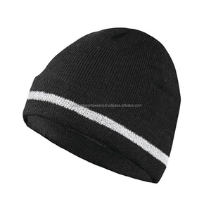 Gorro Unisex Negro con Raya Blanca, 100% Acrílico, Gorro de Invierno Tejido, Estilo Casual para Adultos, 56-58CM, Bordado Desgarrado, para Exteriores - Product Image 1