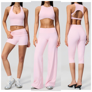 Conjunto de Yoga Verde Oliva de Cintura Alta Sin Costuras, 3 Piezas: Top Corto, Pantalones Cortos y Sujetador Deportivo con Cuello en V, Transpirable, 100% Poliéster, Cierre con Cordón - Product Image 2