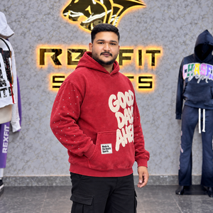 Custom Mens <b>Red</b> Pullover <b>Hoodie</b> With Rhinestone Sleeve Details Graphic Front Kangaroo Pocket Hooded Streetwear Fleece Sweatshirt - Product Image 3