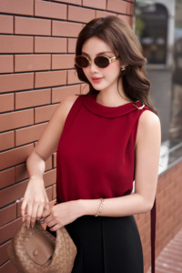 Women's <b>Red</b> Sleeveless <b>Scarf</b> Panel Blouse Metal Shoulder Detail Elegant Draped Top Polyester Spandex MIRVEN - Product Image 4