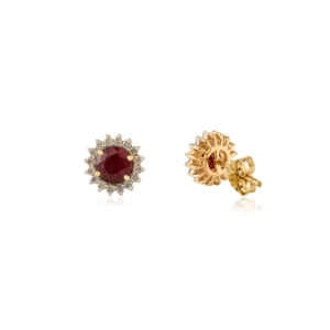 Magnifiques boucles d'oreilles clous en or jaune pur 14 carats, serties de rubis et de diamants véritables, personnalisées en usine, cadeau pour femme - Product Image 5