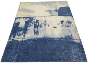 Contemporary Abstract Blue & Cream Area Rug - Premium Wool Silk Handwoven Carpet - Product Image 1