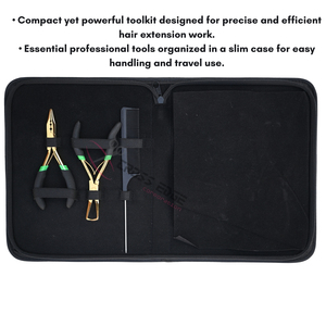 Kit d'outils tout-en-un pour extensions capillaires dorées avec pinces à micro-perles et à démonter, peigne à queue de cheveux, aiguilles à coudre et étui à outils de salon - Product Image 5