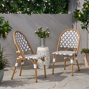 Set di 2 Sedie da Bistrot Francesi in Rattan PE e Alluminio per Esterni, Finitura Grigia e Bianca Effetto Bambù, Arredamento da Patio - Product Image 3