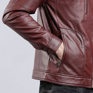 Men's Burgundy Leather Moto <b>Jacket</b> Stand Collar Zipper Closure <b>Slim</b> <b>Fit</b> Regular Length Solid Color Cow Skin Material - Product Image 6