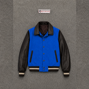Chaqueta Varsity de Lana Azul para Hombre con Mangas de Cuero de Alta Calidad, Cuello Camisero, Estilo Casual Urbano para Otoño - Product Image 5